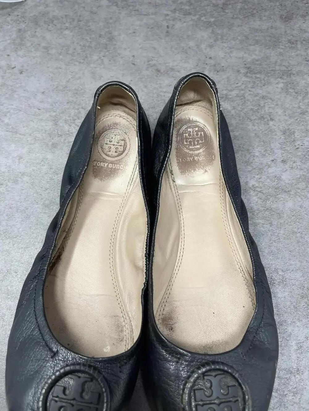 Tory Burch Black Leather Flats Womens Size 8.5 Slip On Shoes